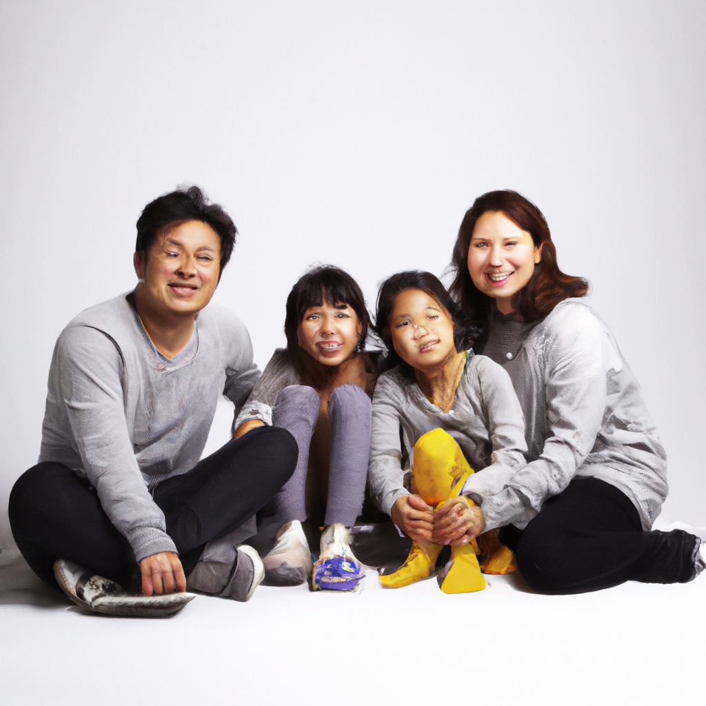 가족 사진, 화이트 배경과 자연스러운 미소, 부드러운 조명